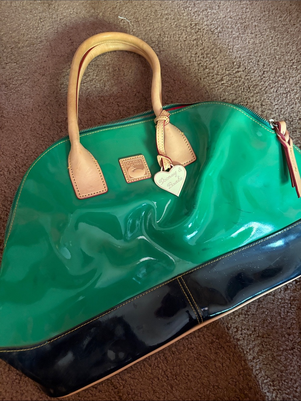 Dooney & Bourke Green Patent Satchel with Black Base and Tan Handles